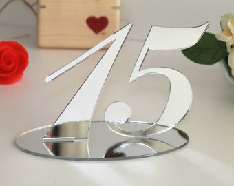 Silver Mirrored Table Numbers for Weddings, Any Color, Wedding Signs Anniversary Number Freestanding, Base Acrylic Centerpieces, 5.0 inches