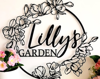 Personalized Flower Garden Sign – Custom Metal Name Sign - Decorative Outdoor Hanging Panel - Gardener Gift - Mom’s Garden Decor - Wall Art