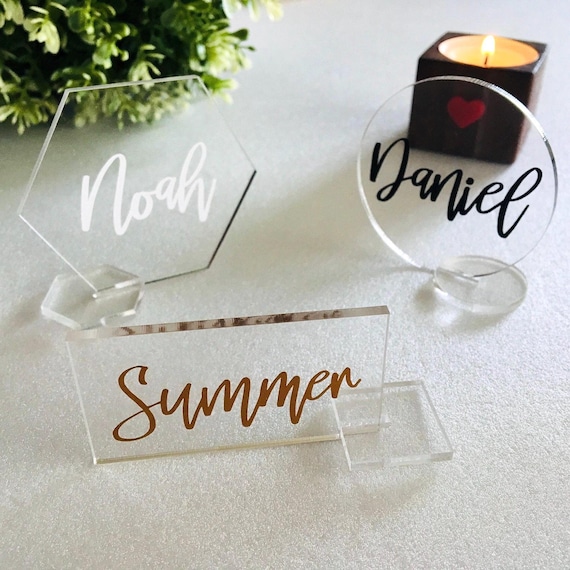 Personalized Clear Acrylic Place Card Holders - Geometric Wedding Name Stands - Custom Laser Cut Guest Elegant Escort Cards