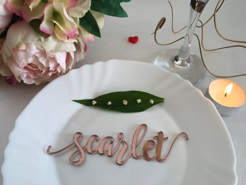 Rose gold mirror Laser cut guest names Place setting Personalized acrylic signs Table wedding plate name Escort place cards Calligraphy tags image 7