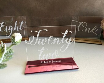 Clear Acrylic Engraved Table Numbers Calligraphy Wedding Decor Personalized Geometric Numbers Etched Freestanding Table Sign Wedding Signs