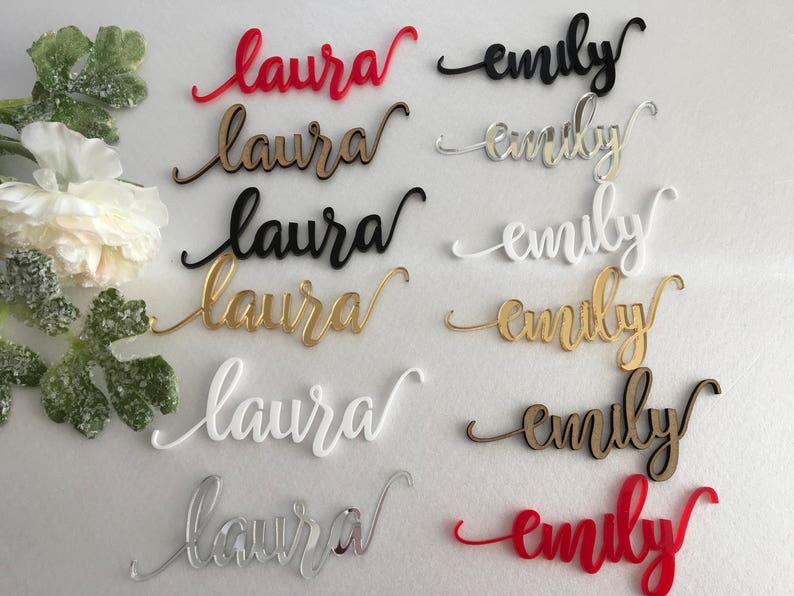 Gold Wedding Place Cards Personalized Acrylic Laser Cut Names Place name settings Guest name tags Wedding Signs Calligraphy Modern New Font image 3