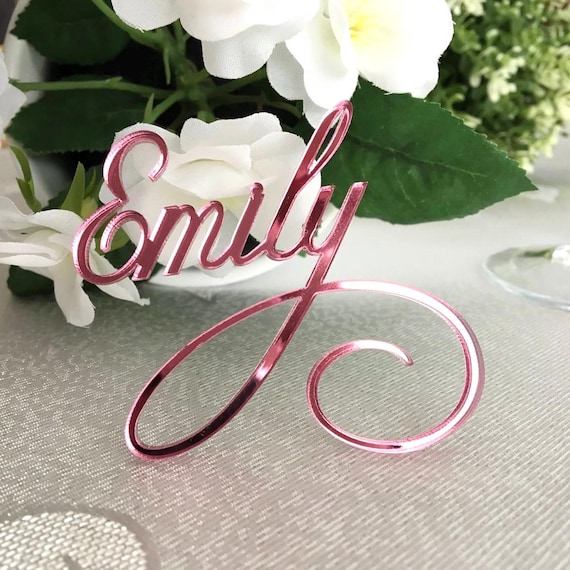 Pink mirror laser cut names - Personalized wedding acrylic name place settings Wedding place cards Custom wedding signs Birthday table names