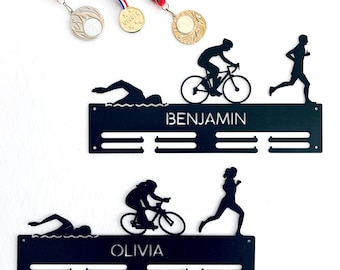 Personalized Triathlon Medal Holder Custom Name Metal Hanger Sports Medal Display Rack for Awards Triathlete Cycling Biking Swim Run Bike