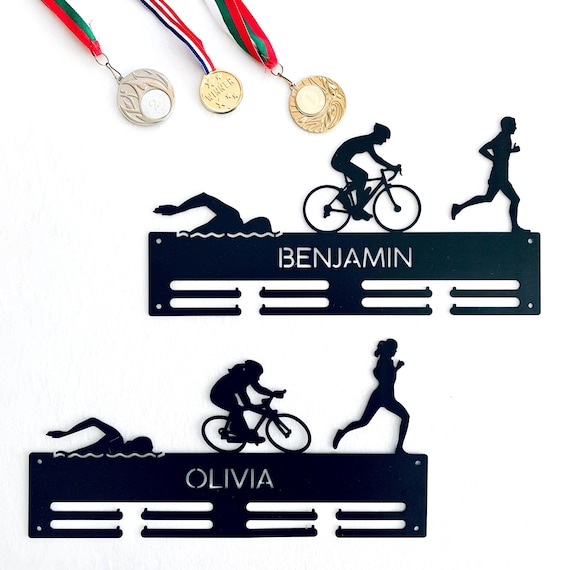 Personalized Triathlon Medal Holder Custom Name Metal Hanger Sports Medal Display Rack for Awards Triathlete Cycling Biking Swim Run Bike