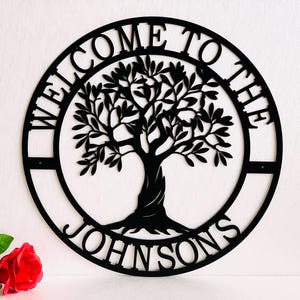 Personalized Welcome Sign – Custom Family Name Sign - Metal Art - Tree of Life, Front Door Wall Hanging - Olive Tree Home Decor - Front Door