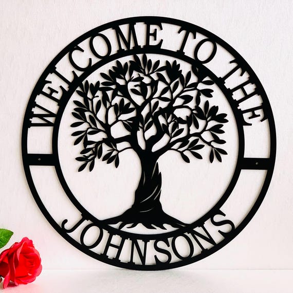 Personalized Welcome Metal Sign Welcome to Our Home Custom Family Tree of Life Sign Door Sign with Family Name Wall Hanging Olive Tree Sign