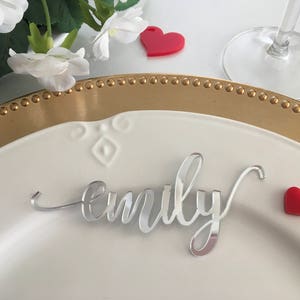 Gold Wedding Place Cards Personalized Acrylic Laser Cut Names Place name settings Guest name tags Wedding Signs Calligraphy Modern New Font Silver Mirror