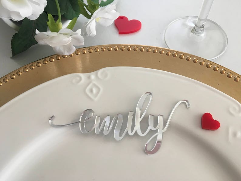 Gold Wedding Place Cards Personalized Acrylic Laser Cut Names Place name settings Guest name tags Wedding Signs Calligraphy Modern New Font Silver Mirror