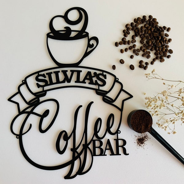 Personalized Coffee Bar Metal Name Sign Custom Laser Cut Cup Housewarming Gift for Mom Grandma Coffee Lover Wall Art Decor Kitchen Name Sign