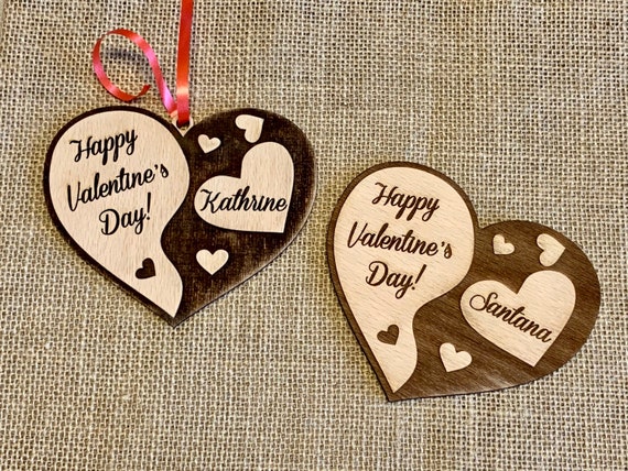 Personalized Wooden Heart Ornament and Custom Engraved Name Happy Valentine's Day Love Postcard Gift for Her Wood Rustic Handmade Decoration