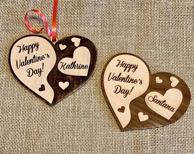 Personalized Wooden Heart Ornament and Custom Engraved Name Happy Valentine's Day Love Postcard Gift for Her Wood Rustic Handmade Decoration