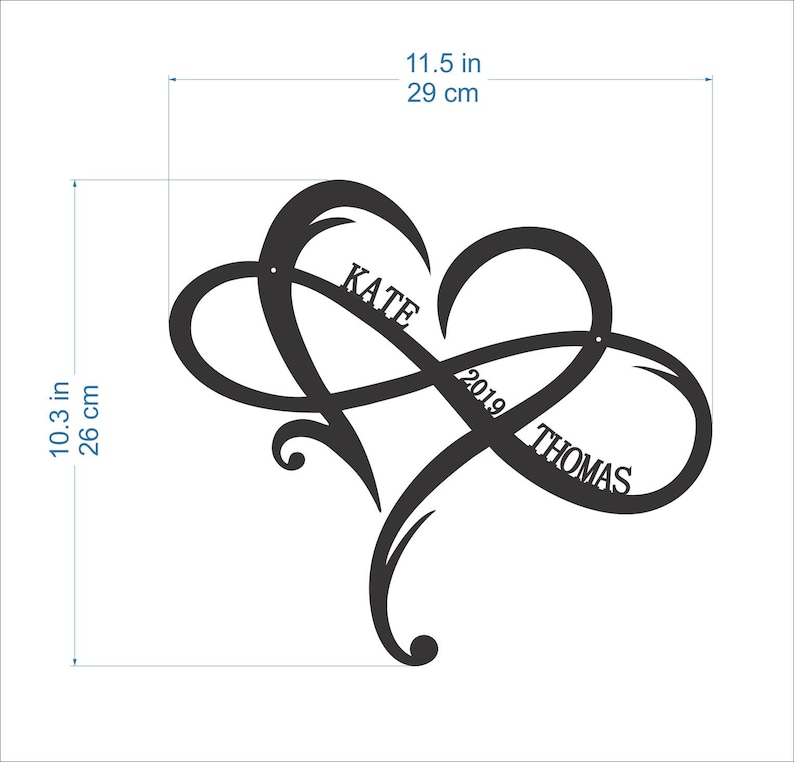 May include: Black metal infinity symbol with a heart shape, featuring the names "Kate" and "Thomas" and the year "2019" inscribed. The symbol measures 11.5 inches wide and 10.3 inches tall.