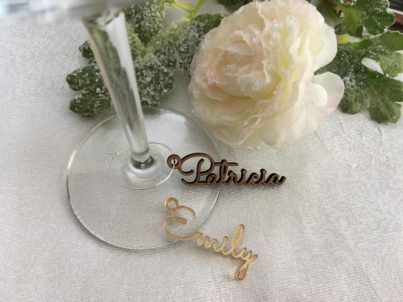 Personalized Wine Glass Charm Custom Name Gift Tags Wedding Sign Place Cards Wooden Place Name Setting Small Laser Cut Table Names with Hole image 2