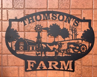 Personalized Farm Name Sign Custom Farm House Metal Wall Art Gift for Him Farmhouse Hanging Outdoor Decor Plaque Chicken Cow Barn Tractor