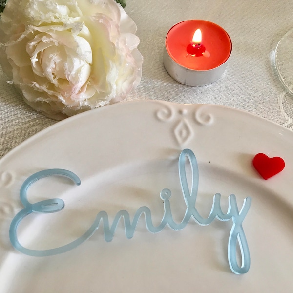 Personalized Frosted Blue Tags Acrylic Place Cards Laser cut names for weddings Guest names Place settings Custom table sign Baby boy shower