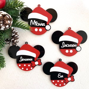 Custom Disney Name Ornaments Personalized Mickey Mouse or Minnie Mouse Ears 2024 Christmas Tree Decor Santa Hat Xmas Baubles Gift Name Tags