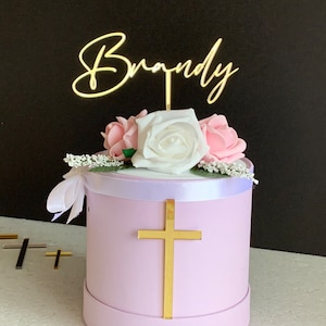 Custom Name Cake Topper with Cross – Personalized Baptism, Christening & First Communion Cake Decoration, God Bless Cupcake Topper