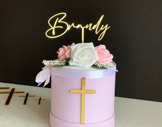 Personalized Name Cake Topper & Cross Cake Charm Christening Cake Topper, Custom Name First Holy Communion Baptism Decor, God Bless, Cupcake