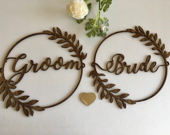 Bride and Groom Chair Signs for Weddings Laurel Wreath Large Calligraphy Sign Boho Wedding Custom Personalized Wood Hanging Sign Rustic Sign