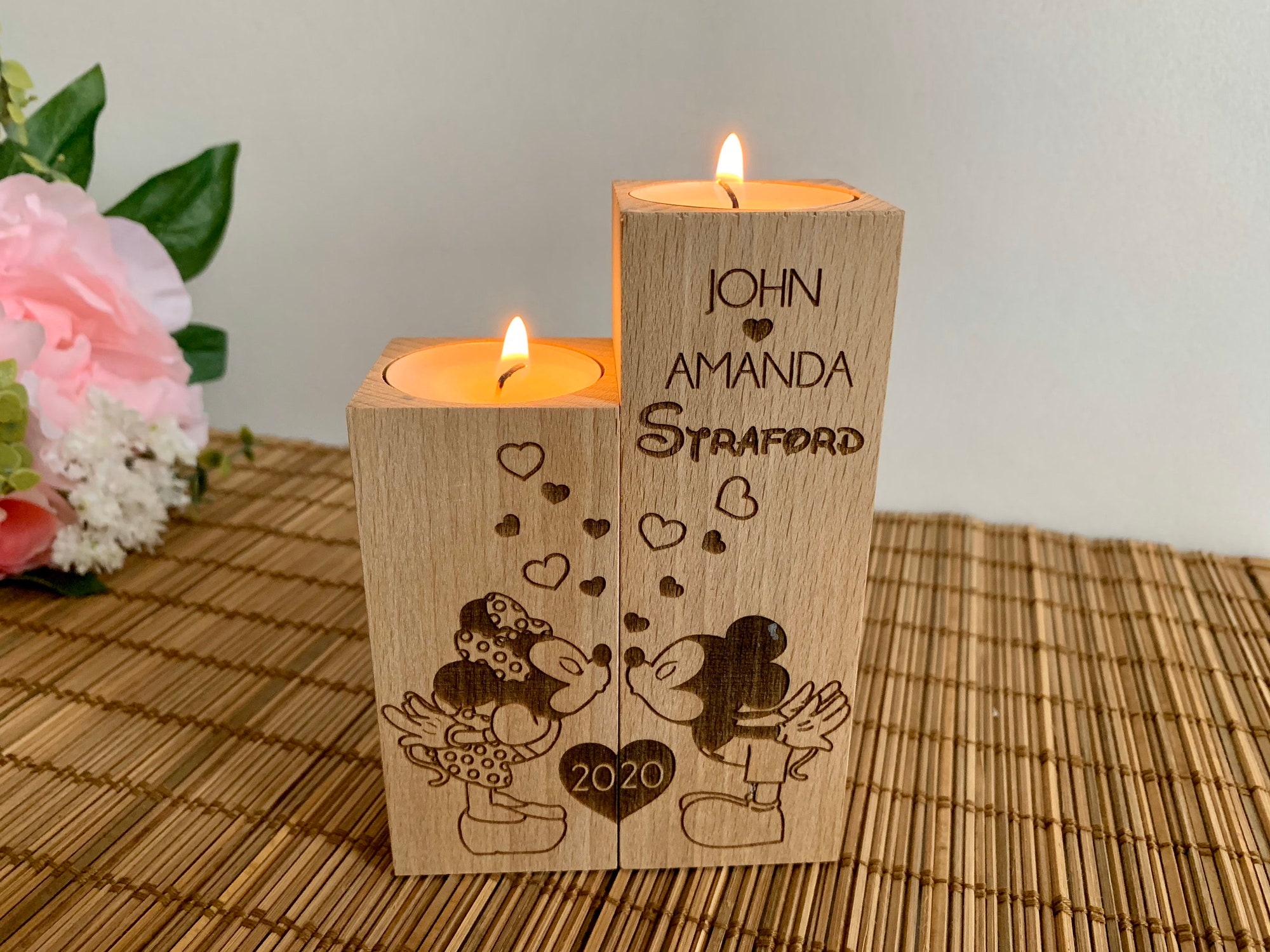 Personalized Wooden Candle Holders Custom Names Disney Mickey Minnie Mouse