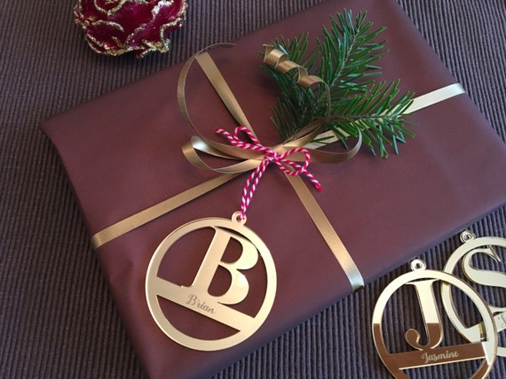 Personalized gift tags Laser cut letters Custom Gift Tags Christmas bauble Initial ornament Gold Engraved names Hanging letters Gift labels