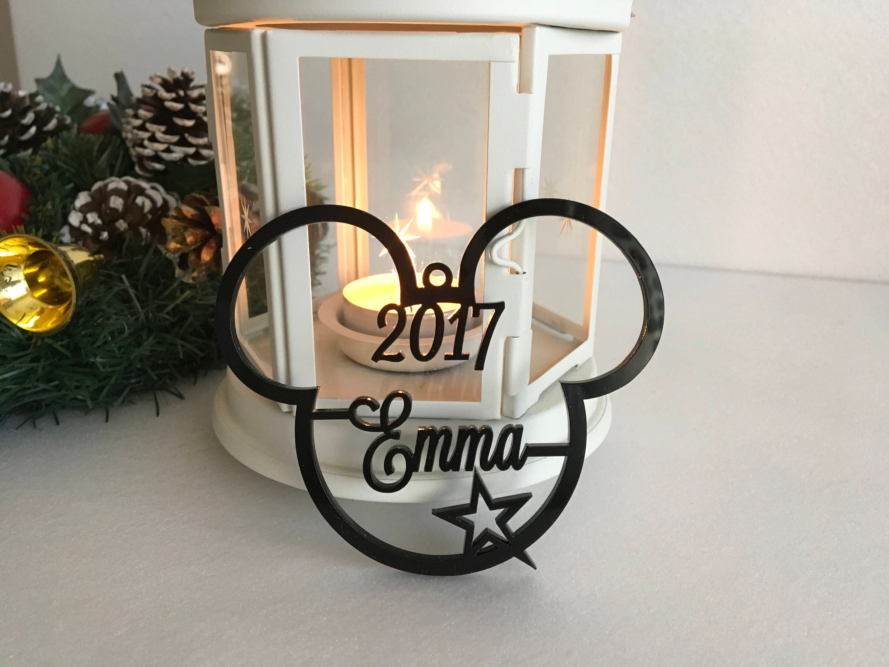 Mickey Mouse Christmas Tree Decoration 2022 Ornament Personalized Name Bauble Disney Party Favor Decor 1st Xmas 2021 Gift for Kids First Birthday Decor Hanging Cute Minnie Mouse Head Acrylic Ornaments 