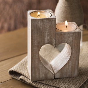 Wood Heart Candle Holders, Rustic Tealight Decor, Wedding and Home Decoration