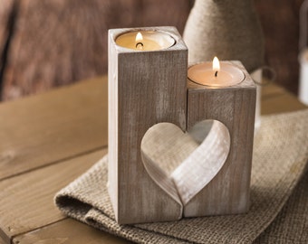 Wood Candle Holders Heart Shape Mother's Day Gift Rustic Wooden Decorative Tealight Candles Wedding Gift Home Decorations Gift for Mom & Dad