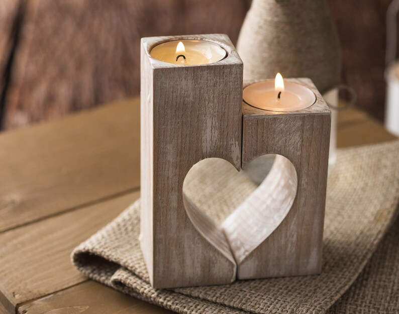 Wood candle holders Mother's Day Gift Rustic Wooden heart Decorative tealight candles Wedding gift idea Home decorations Gift for Mom & Dad 