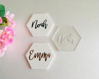 Hexagon Acrylic Place Cards Personalized Geometric Wedding Signs Escort Cards Custom Name Tags Place settings Calligraphy Names Event Decor