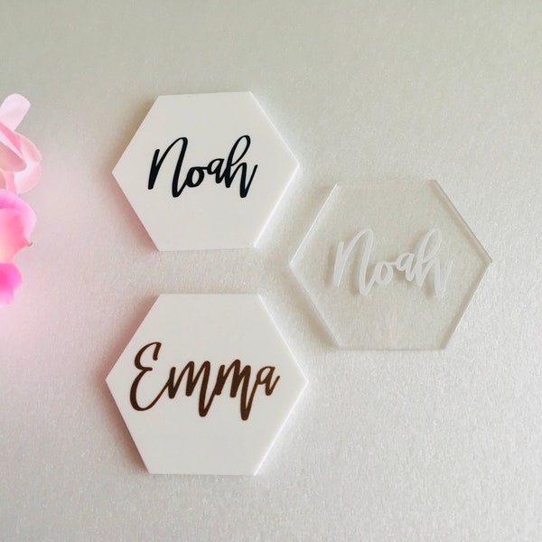 Hexagon Acrylic Place Cards Personalized Geometric Wedding Signs Escort Cards Custom Name Tags Place settings Calligraphy Names Event Decor