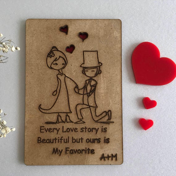 Valentines Day Cards Love Story 1st Anniversary Cards Personalized Wood Card Engraved Initials Love greeting card for couple Gift for her