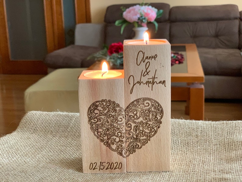 Personalized Wood Candle Holder Custom Names and Special Date Heart Shape Love Tealight Candle Holder Anniversary Gift for Couples image 5