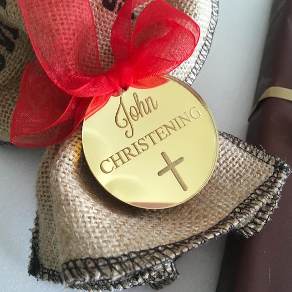 Custom Christening Tags, Personalized Baptism Favor Tags, Gift Name Tags - First Communion Party Favors- Engraved Cross and Custom Name