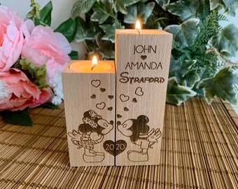 Personalized Wood Candle Holder Custom Mickey & Minnie Gift for Couple Engraved Names Valentines day 2024 Love Heart Decor Housewarming Gift