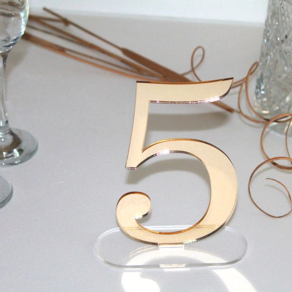Gold mirror table freestanding numbers Wedding centrepiece Wedding sign Reception Engagement party Laser cut acrylic numbers Clear base 6"
