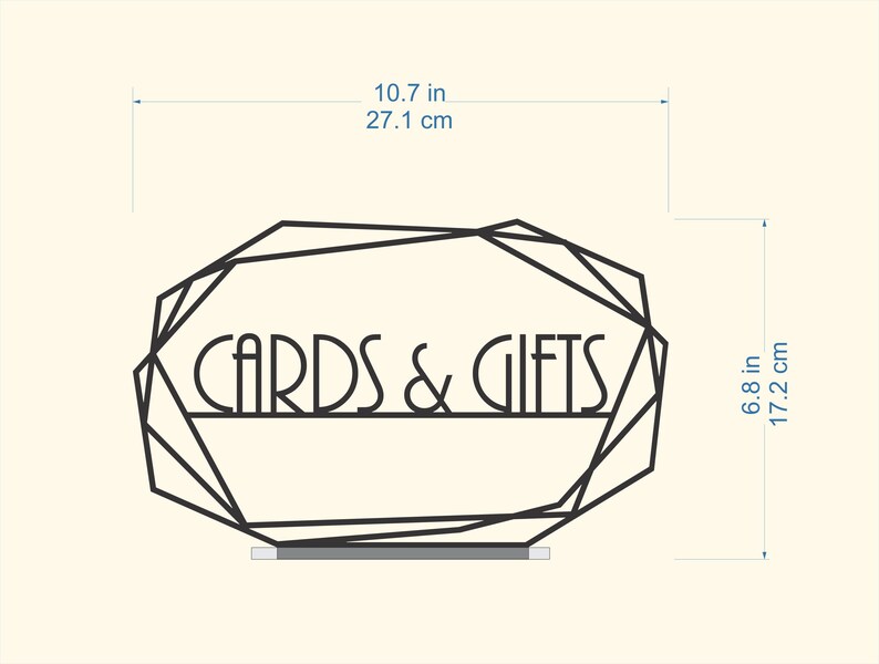 K&ouml;nnte beinhalten: Schwarzer geometrischer Rahmen mit dem Text "CARDS & GIFTS" in einer dekorativen Schriftart. Der Rahmen ist 17,2 cm hoch und 27,1 cm breit.