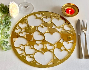 Wedding Charger Plate Mirrored Acrylic Round Placemat Table Decor Laser Cut Placemat Anniversary Placemat Modern Heart Charger Wood Placemat