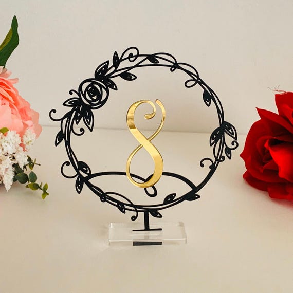 Wedding Table Numbers Laser Cut Black Metal Flower Number Holder Reception Party Event Decor Freestanding Wedding Sign Acrylic Centerpieces