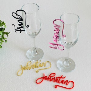 Custom Wedding Wine Glass Charms Personalized Name Tags Cocktail Drink Markers Laser Cut Place Cards Hanging Drink Name Tags for Glasses image 1