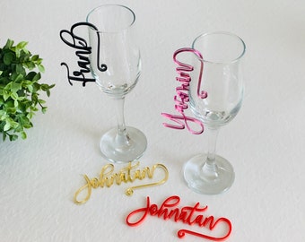Custom Wedding Wine Glass Charms Personalized Name Tags Cocktail Drink Markers Laser Cut Place Cards Hanging Drink Name Tags for Glasses