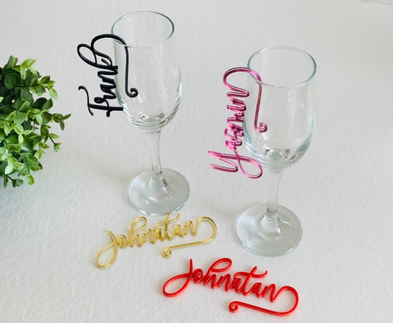 Custom Wedding Wine Glass Charms Personalized Name Tags Cocktail Drink  Markers Laser Cut Place Cards Hanging Drink Name Tags for Glasses 