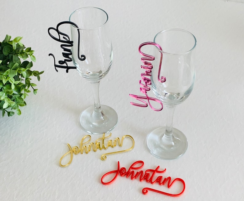 Custom Wedding Wine Glass Charms Personalized Name Tags Cocktail Drink Markers Laser Cut Place Cards Hanging Drink Name Tags for Glasses image 1