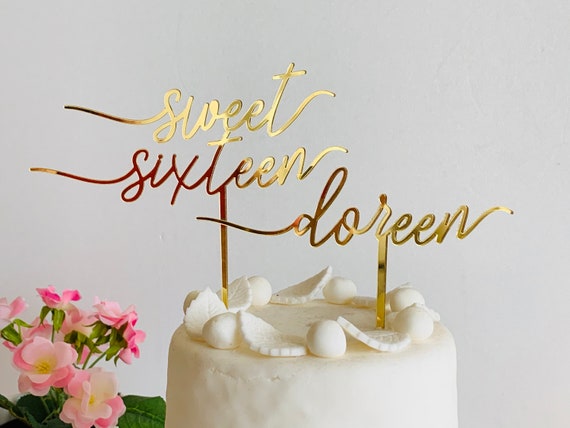 Sweet Sixteen Personalized Name Cake Topper Sweet 16 Party Decor Custom Any Name Age Cupcake Decorations Calligraphy Happy 16th Birthday