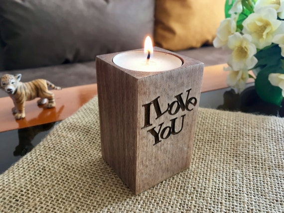 Wooden candle holder I love You Valentines day gift for her Personalized engraved tealight holders Home decor Table centerpiece Wedding gift