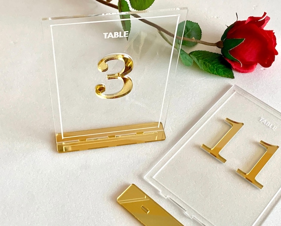 Wedding Table Number Holders Clear Acrylic Laser Cut Table Numbers with Base Party Signs Gold Decorations Table Markers Centerpiece Decor