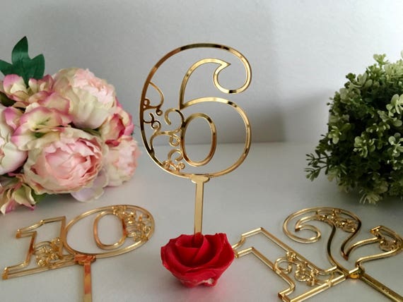 Wedding acrylic gold mirror table numbers on sticks Wedding table signs Seating plan Table numbers for flowers arrangement Table centerpiece