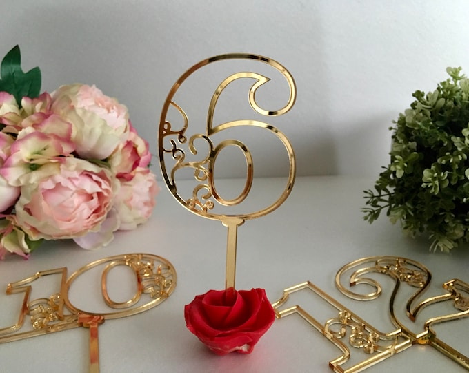 Wedding acrylic gold mirror table numbers on sticks Wedding table signs Seating plan Table numbers for flowers arrangement Table centerpiece