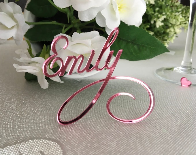 Mirror pink Laser cut names Personalized wedding Acrylic place setting Wedding place cards Guest names Pink wedding signs Custom table names